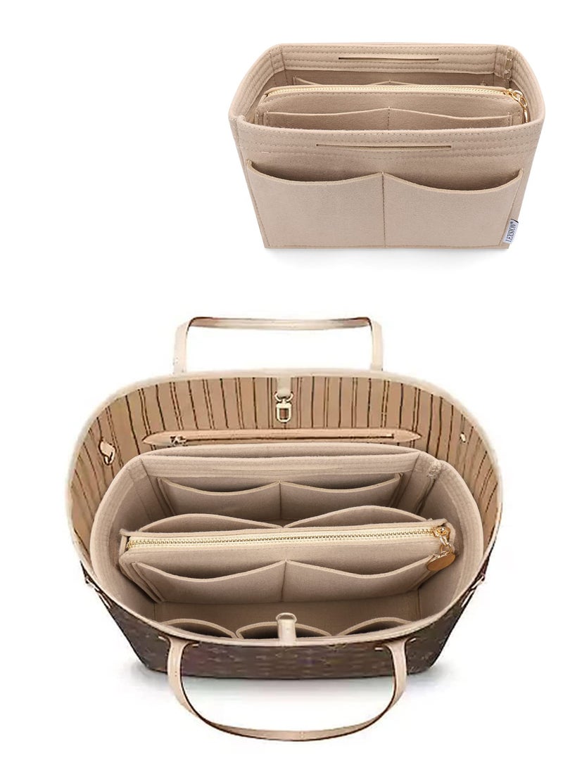 LEXSION Felt Purse Bag Organizer Insert with zipper Bag Tote Shaper Fit Speedy Neverful PM MM 8021 Beige XL - Image 1